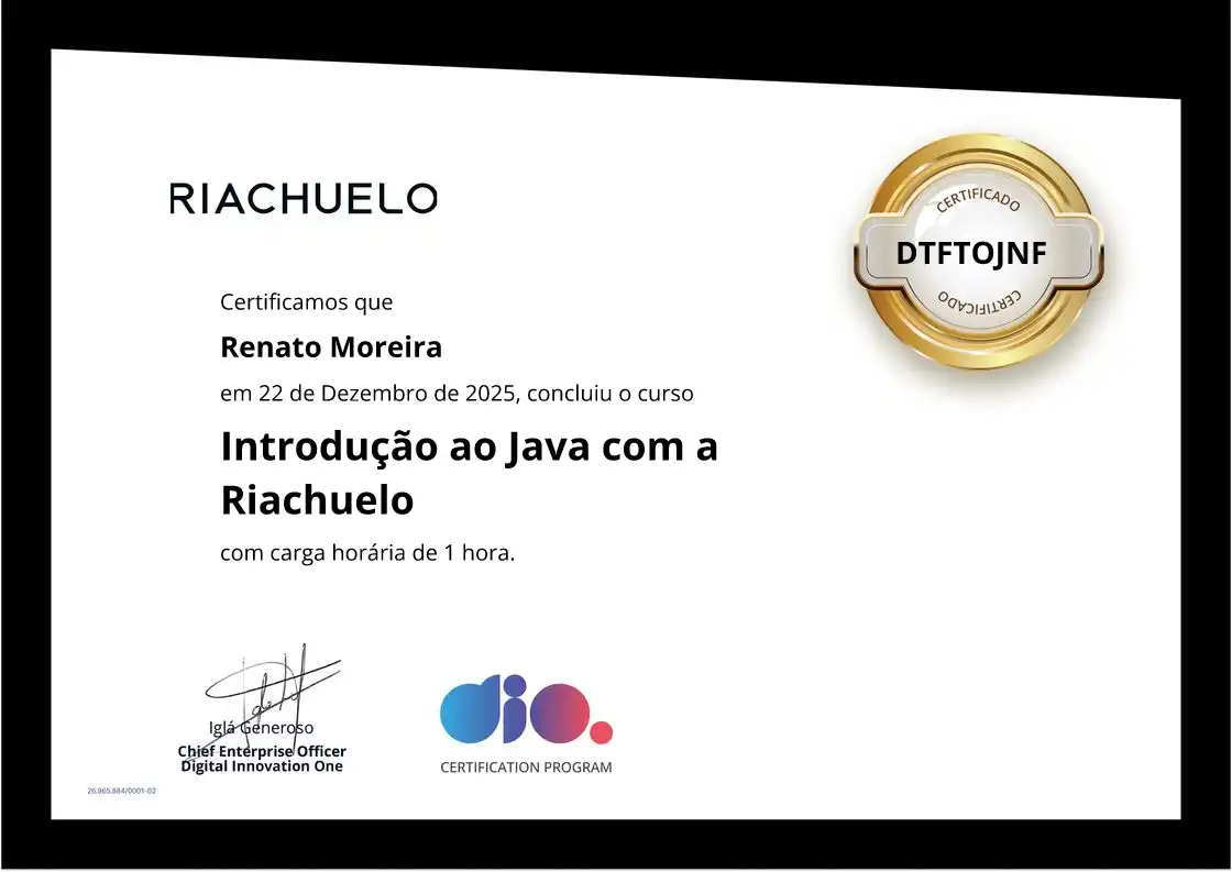 certificate of Introdução ao Java com a Riachuelo