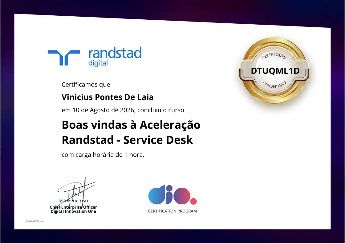 certificate of Boas vindas à Aceleração Randstad - Service Desk