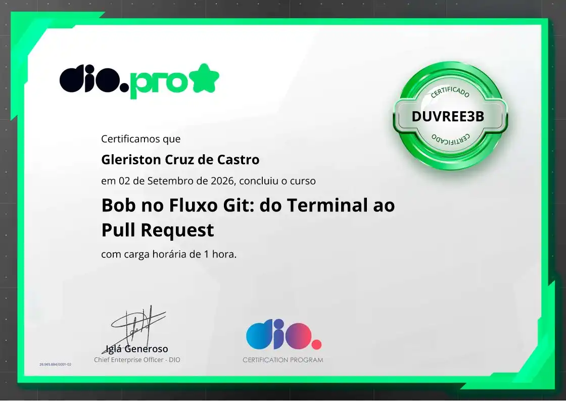 certificate of Bob no Fluxo Git: do Terminal ao Pull Request