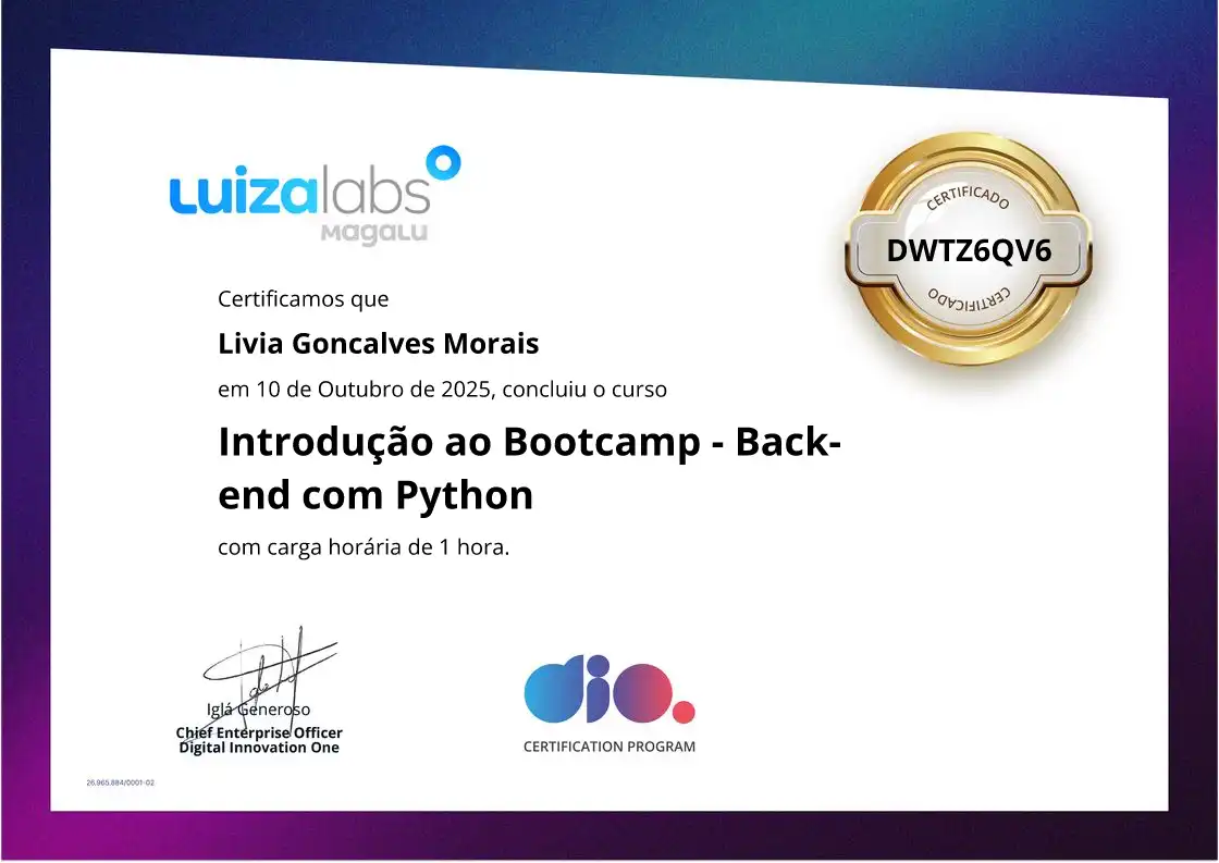 certificate of Introdução ao Bootcamp - Back-end com Python