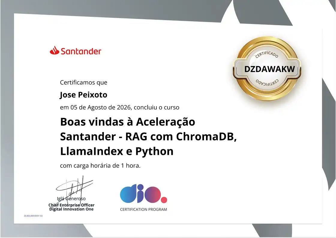 certificate of Boas vindas à Aceleração Santander - RAG com ChromaDB, LlamaIndex e Python