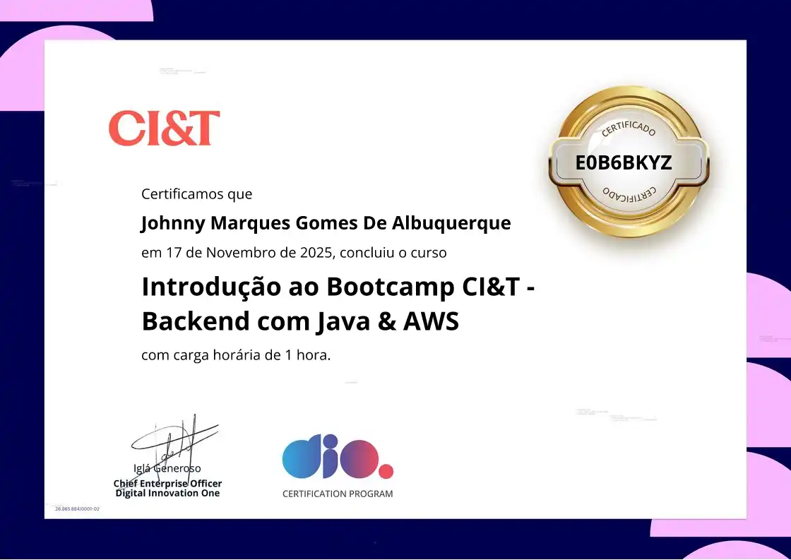 certificate of Introdução ao Bootcamp CI&T - Backend com Java & AWS