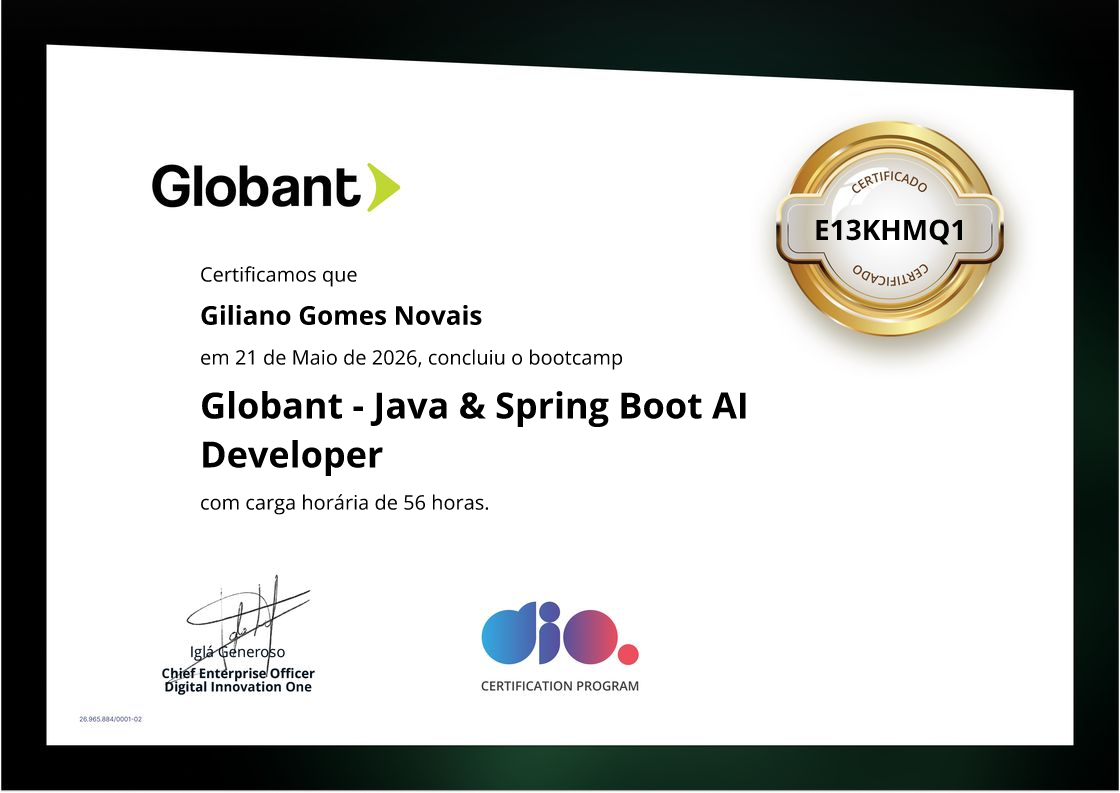 certificate of Globant - Java & Spring Boot AI Developer