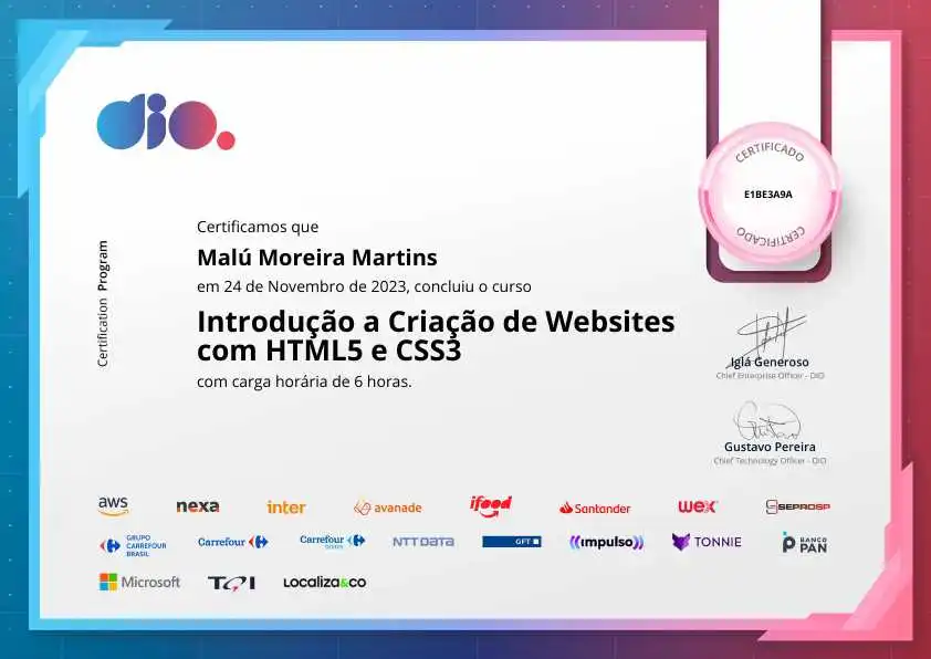 certificate of Introdução a Criação de Websites com HTML5 e CSS3