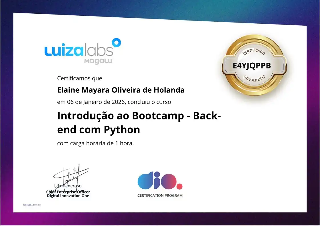 certificate of Introdução ao Bootcamp - Back-end com Python