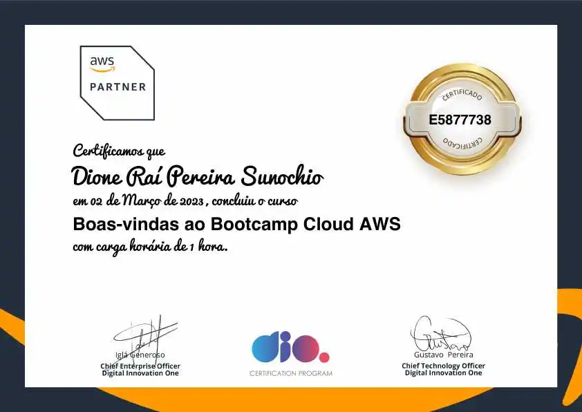 certificate of Boas-vindas ao Bootcamp Cloud AWS