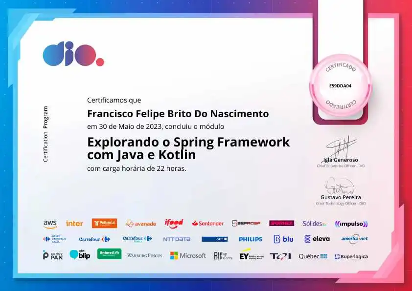 certificate of Explorando o Spring Framework com Java e Kotlin