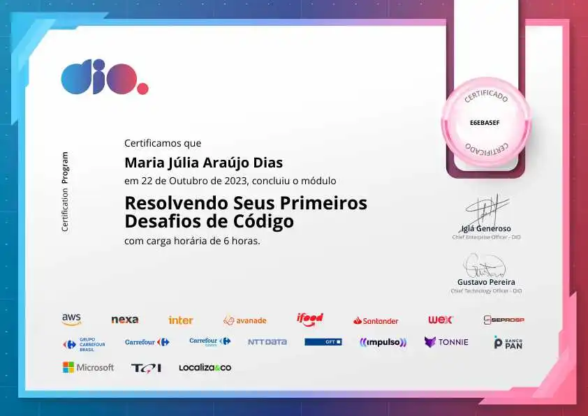 certificate of Resolvendo Seus Primeiros Desafios de Código