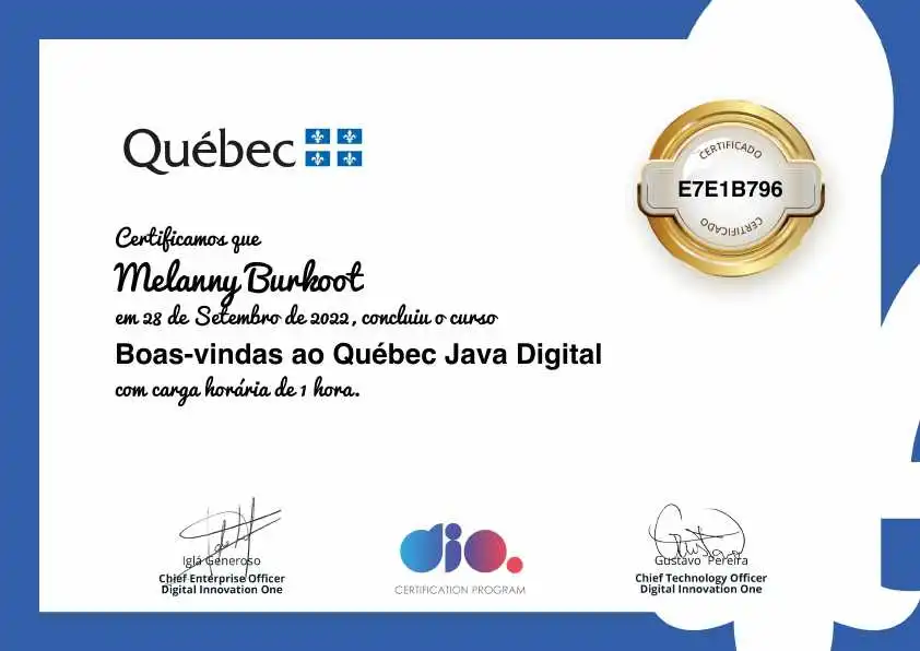 certificate of Boas-vindas ao Québec Java Digital