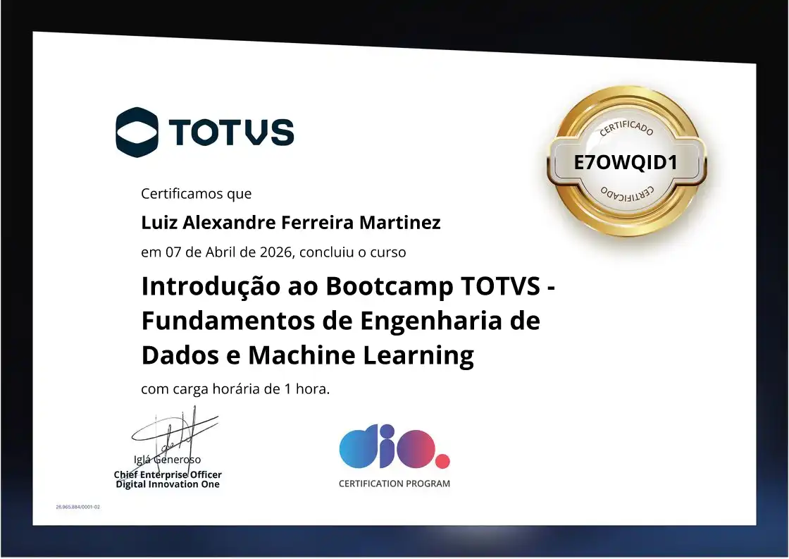 certificate of Introdução ao Bootcamp TOTVS - Fundamentos de Engenharia de Dados e Machine Learning