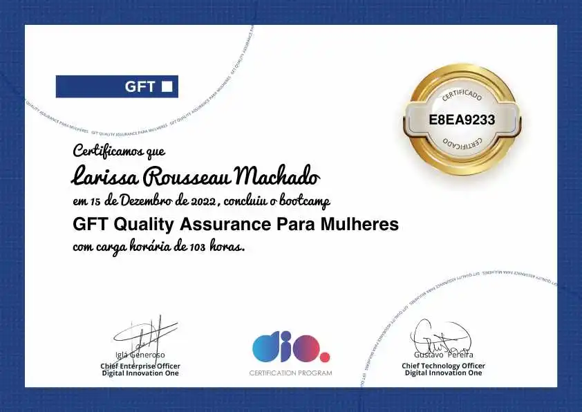 certificate of GFT Quality Assurance Para Mulheres