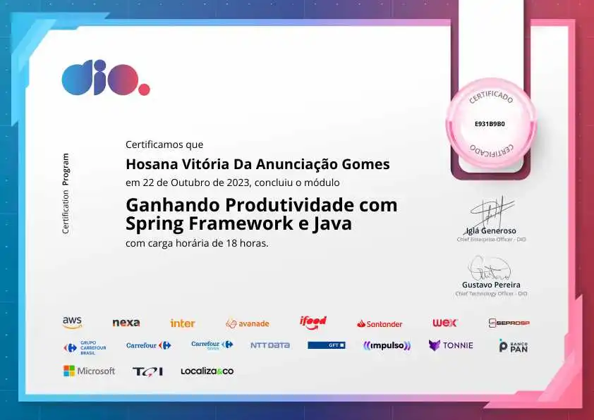 certificate of Ganhando Produtividade com Spring Framework e Java