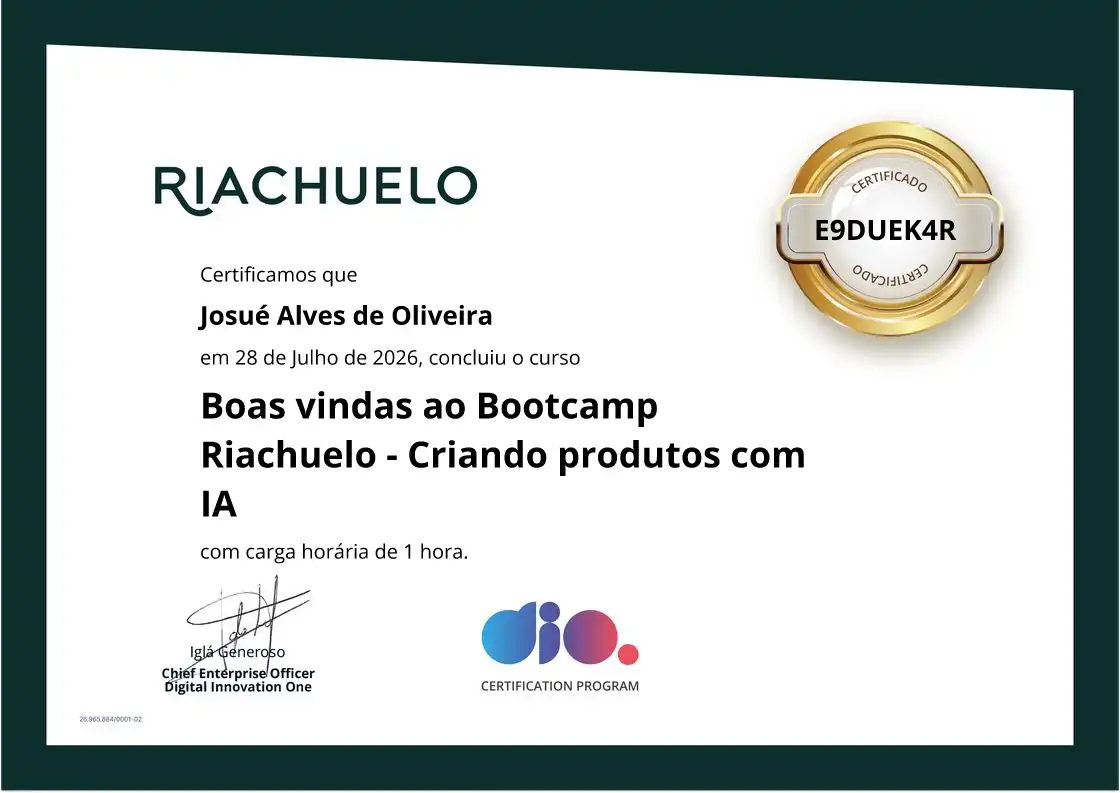 certificate of Boas vindas ao Bootcamp Riachuelo - Criando produtos com IA