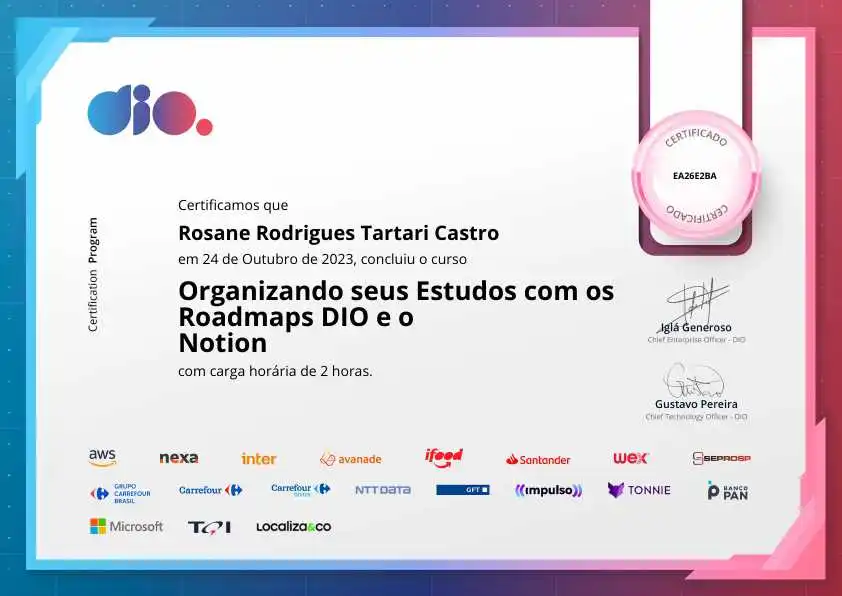 certificate of Organizando seus Estudos com os Roadmaps DIO e o Notion