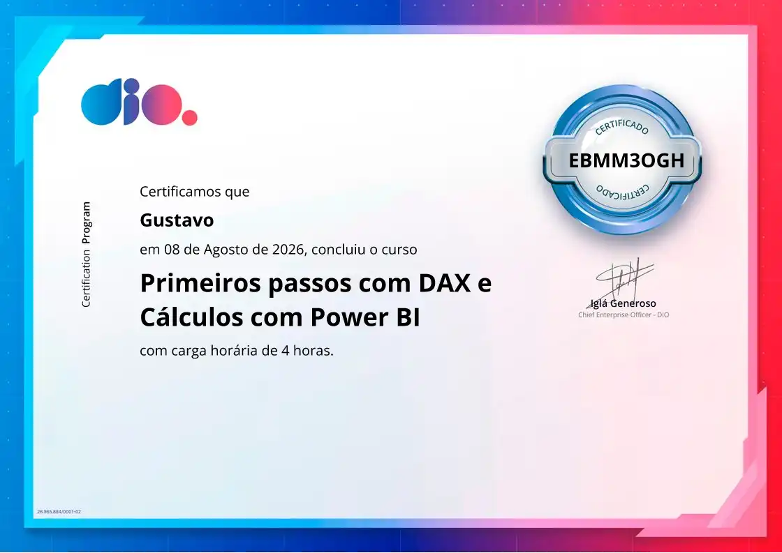 certificate of Primeiros passos com DAX e Cálculos com Power BI