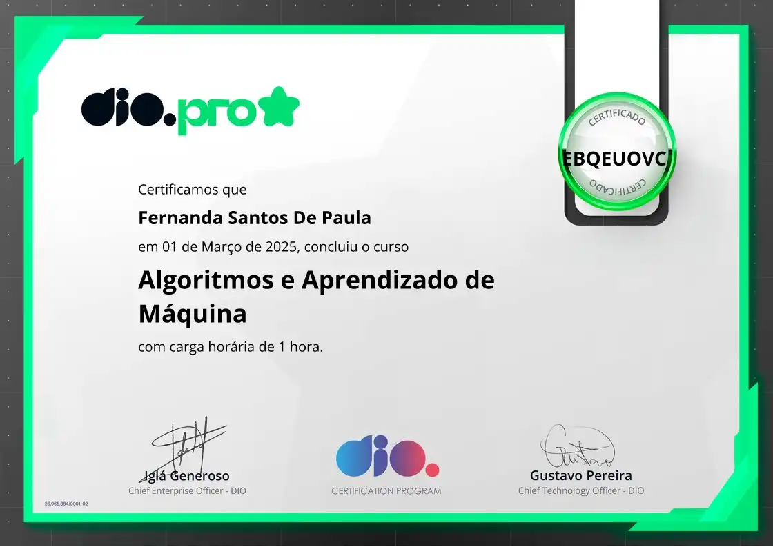 certificate of Algoritmos e Aprendizado de Máquina