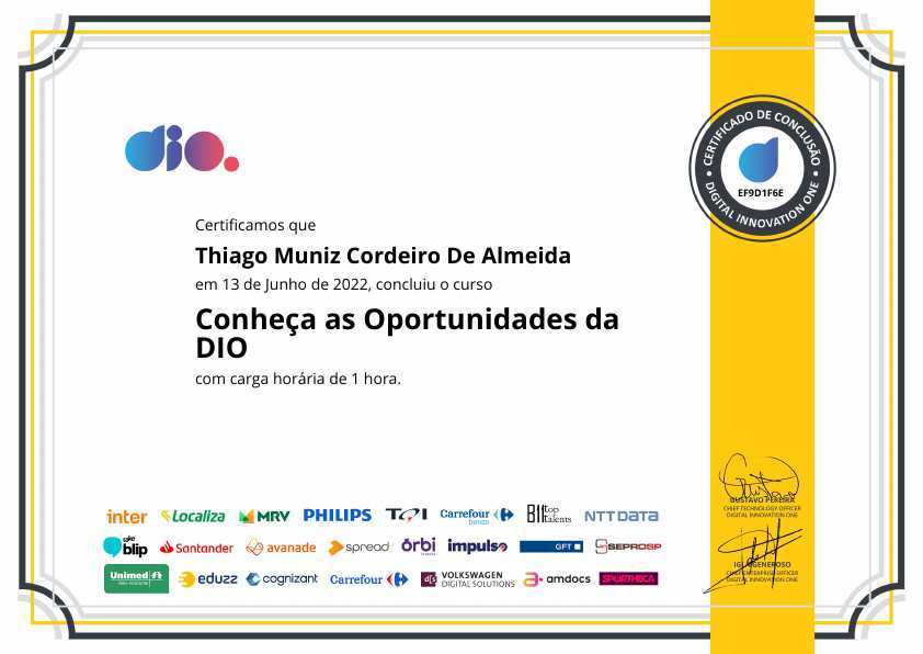 certificate of Conheça as Oportunidades da DIO