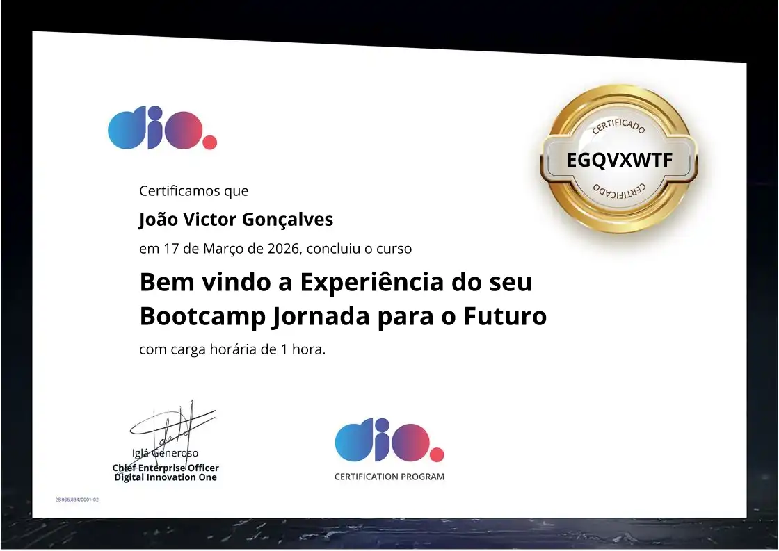 certificate of Bem vindo a Experiência do seu Bootcamp Jornada para o Futuro