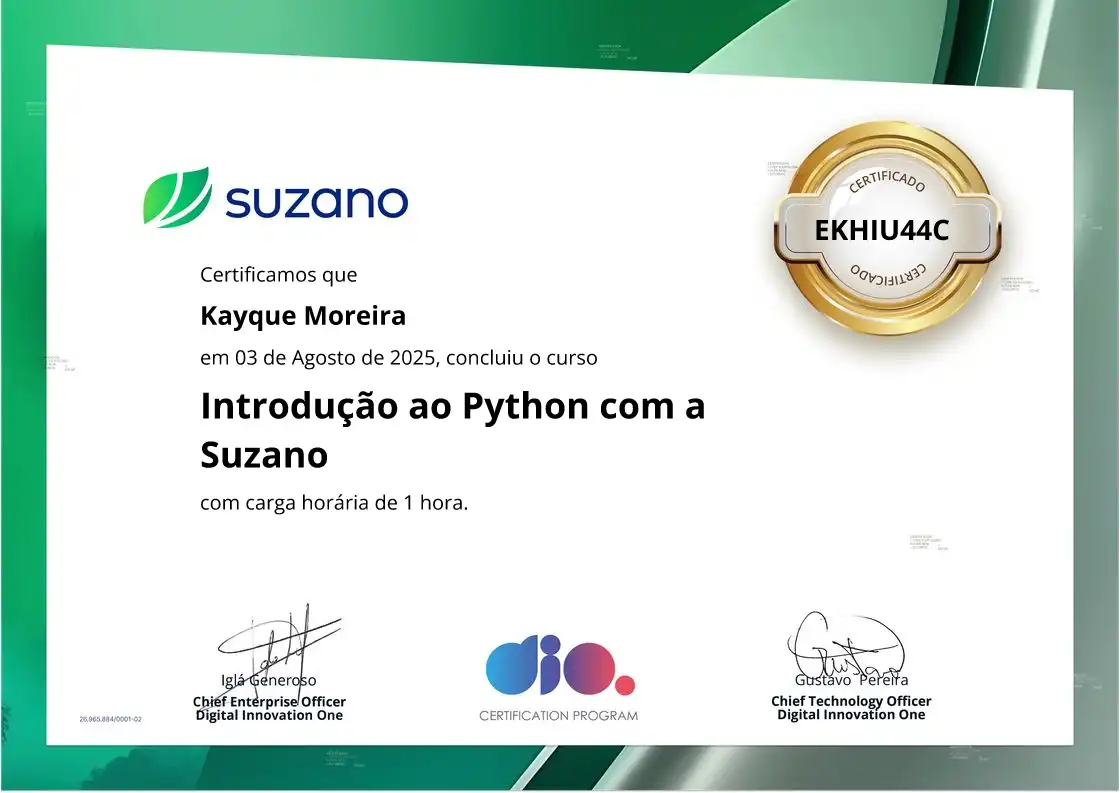 certificate of Introdução ao Python com a Suzano