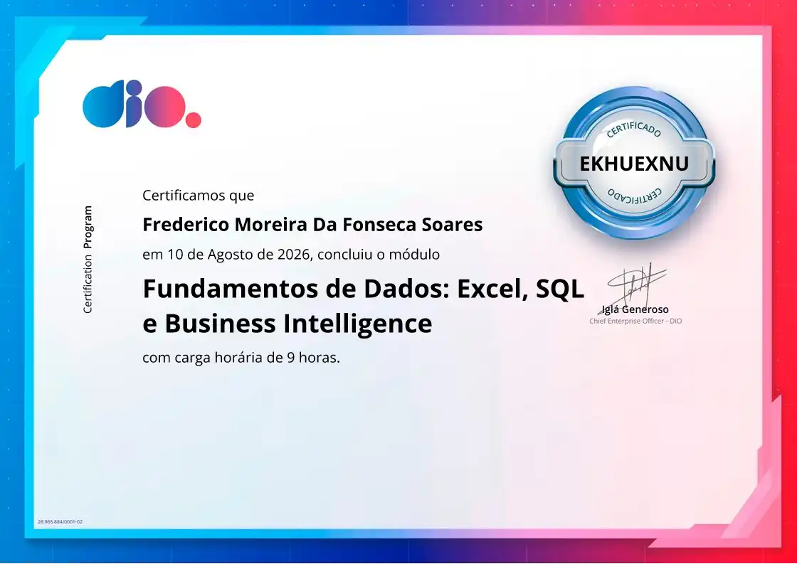 certificate of Fundamentos de Dados: Excel, SQL e Business Intelligence