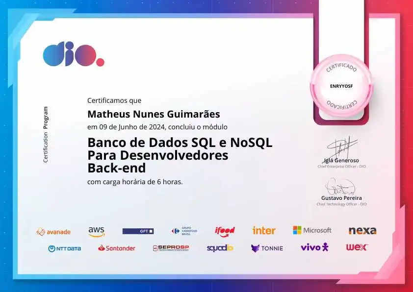 certificate of Banco de Dados SQL e NoSQL Para Desenvolvedores Back-end