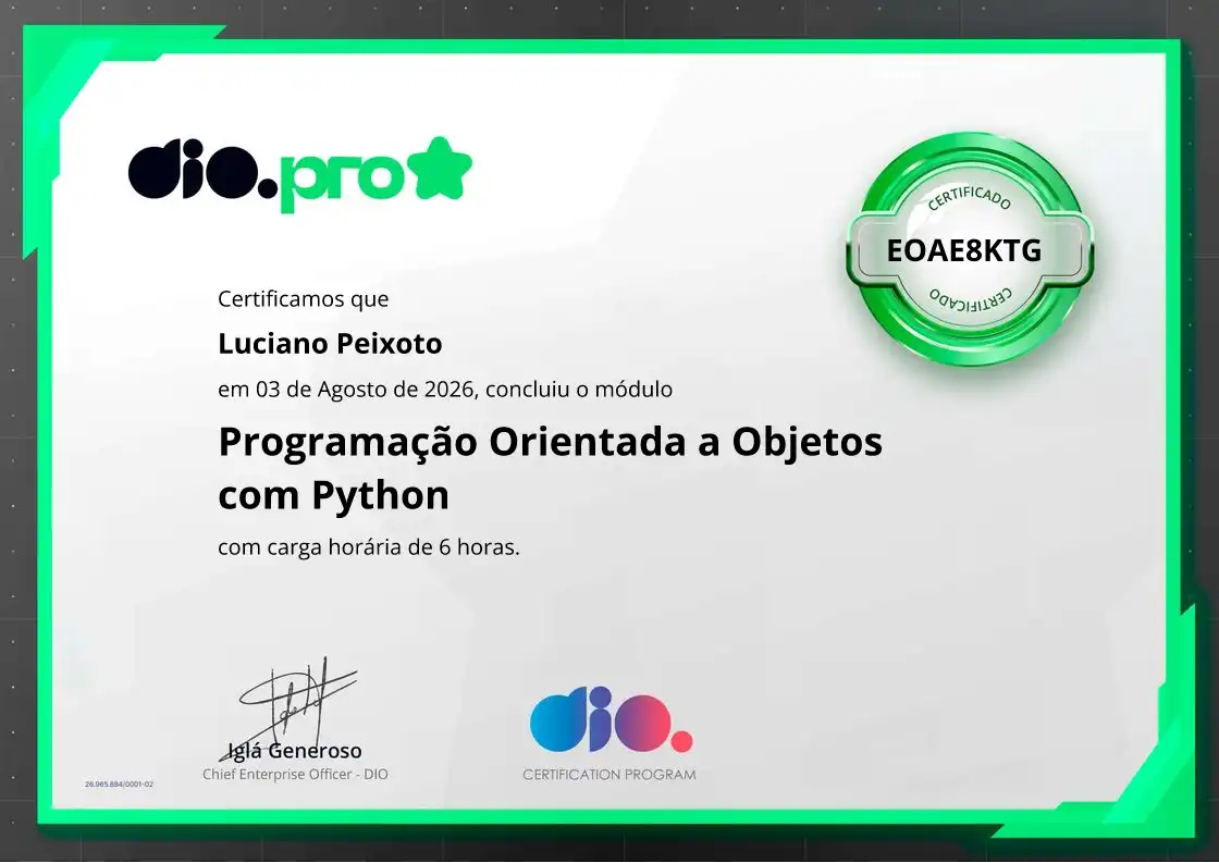 certificate of Programação Orientada a Objetos com Python
