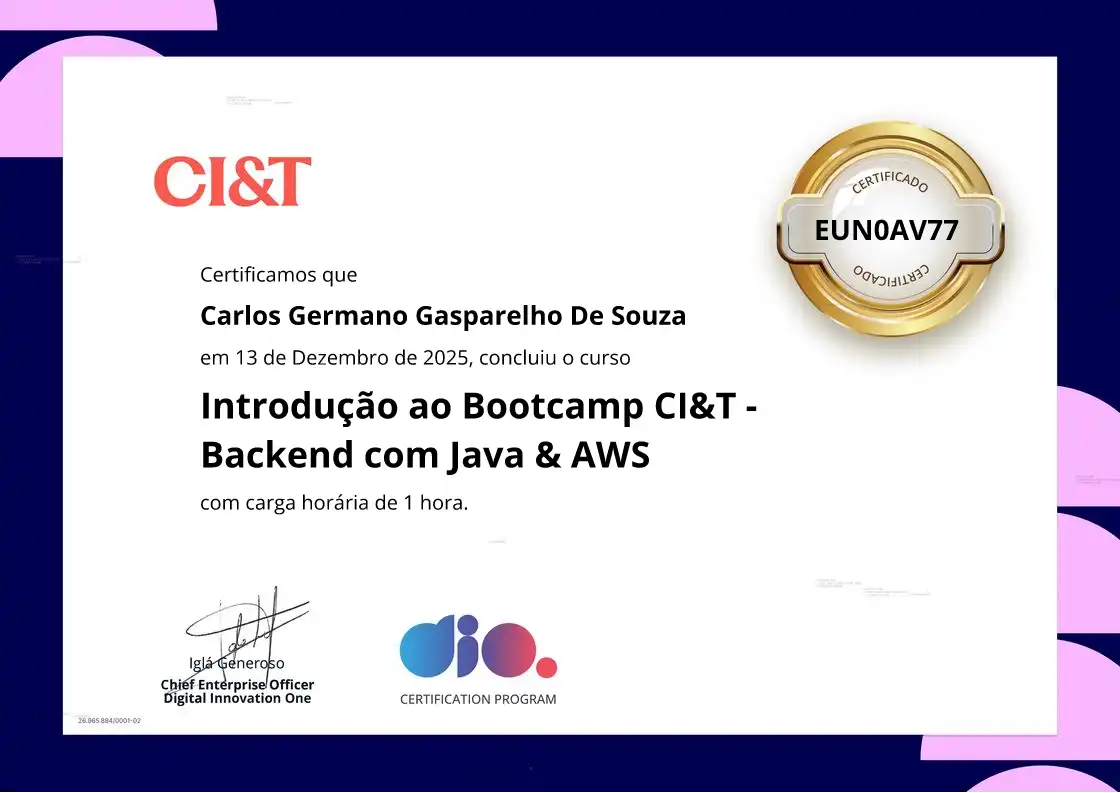certificate of Introdução ao Bootcamp CI&T - Backend com Java & AWS