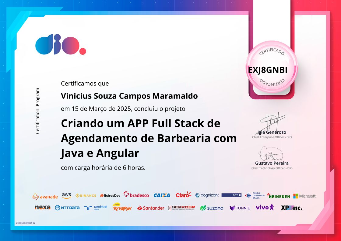 certificate of Criando um APP Full Stack de Agendamento de Barbearia com Java e Angular