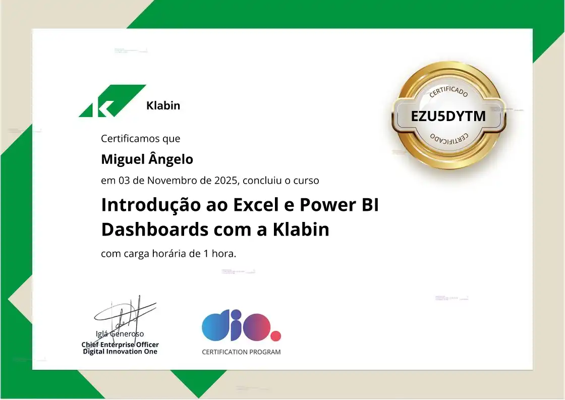 certificate of Introdução ao Excel e Power BI Dashboards com a Klabin
