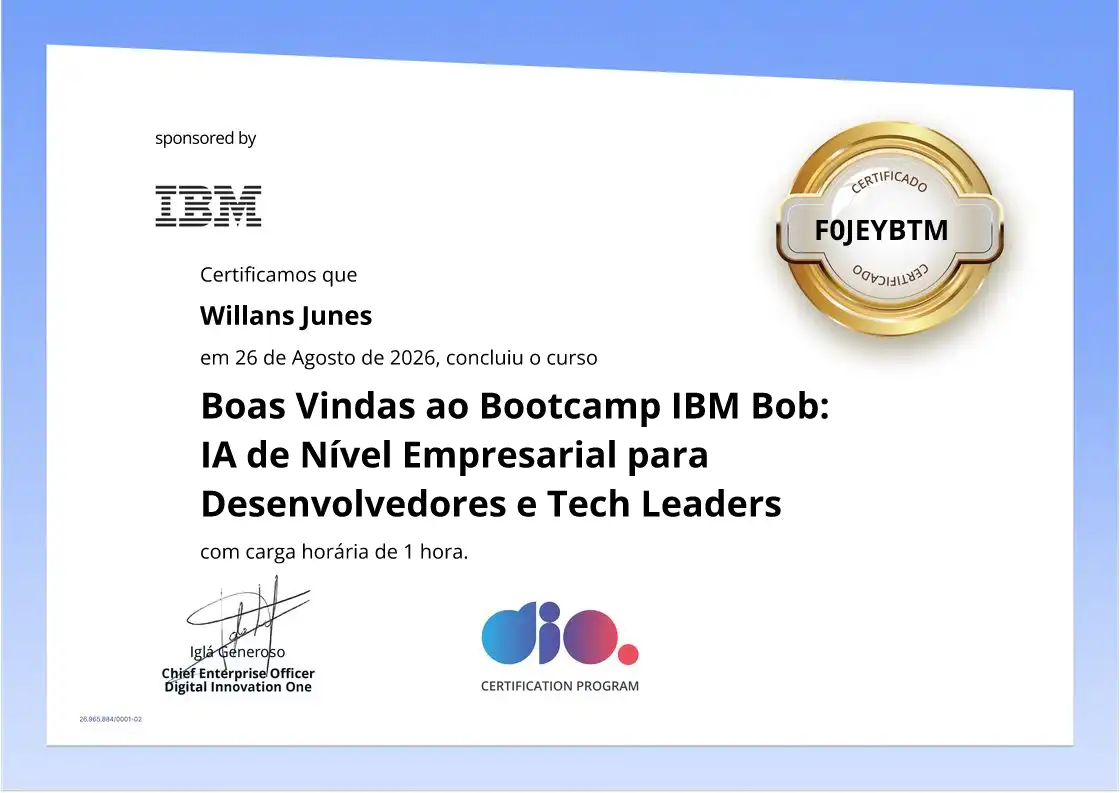 certificate of Boas Vindas ao Bootcamp IBM Bob: IA de Nível Empresarial para Desenvolvedores e Tech Leaders