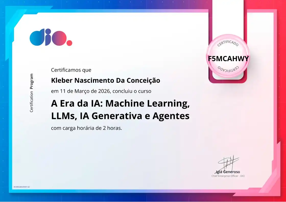 certificate of A Era da IA: Machine Learning, LLMs, IA Generativa e Agentes