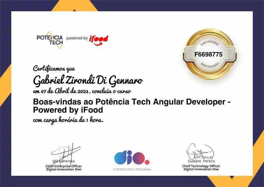 certificate of Boas-vindas ao Potência Tech Angular Developer -  Powered by iFood