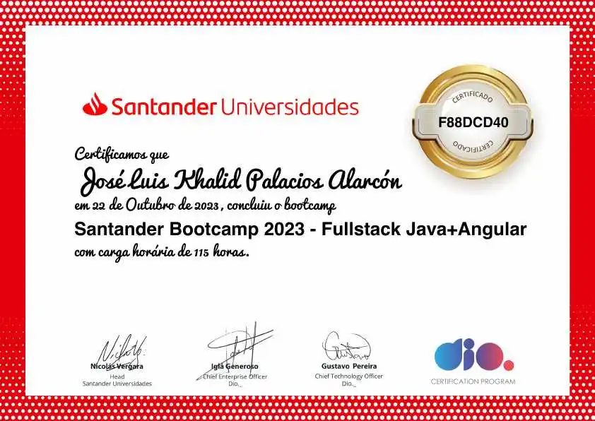 certificate of Santander Bootcamp 2023 - Fullstack Java+Angular