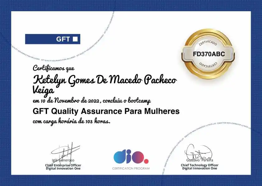 certificate of GFT Quality Assurance Para Mulheres