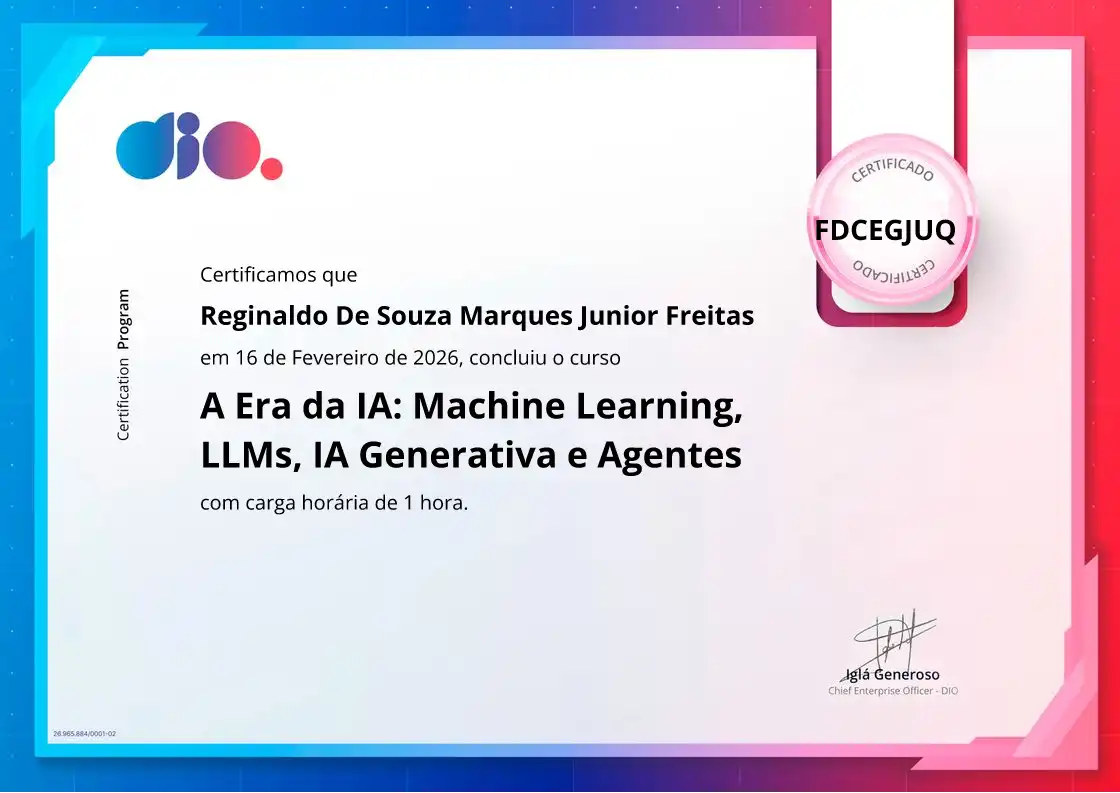 certificate of A Era da IA: Machine Learning, LLMs, IA Generativa e Agentes