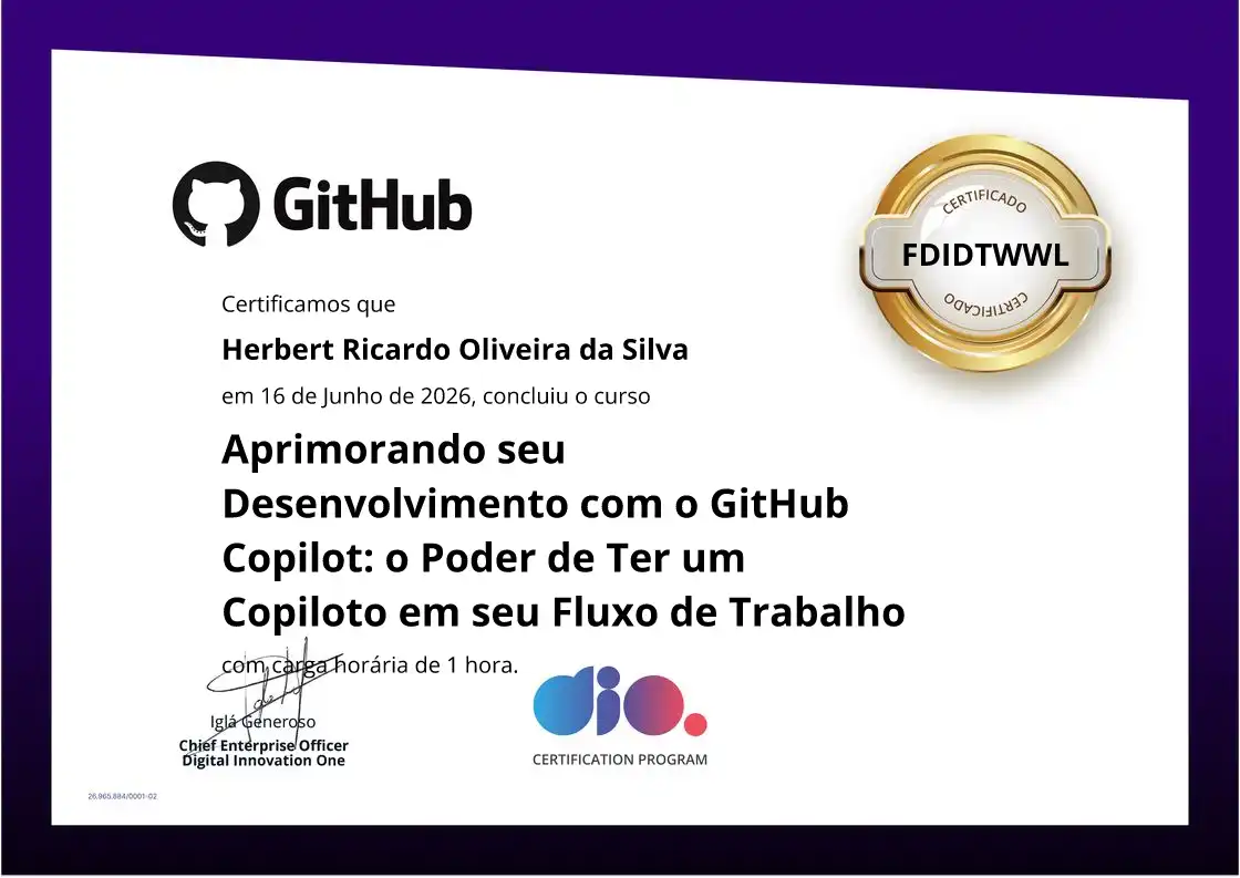 certificate of Aprimorando seu Desenvolvimento com o GitHub Copilot: o Poder de Ter um Copiloto em seu Fluxo de Trabalho