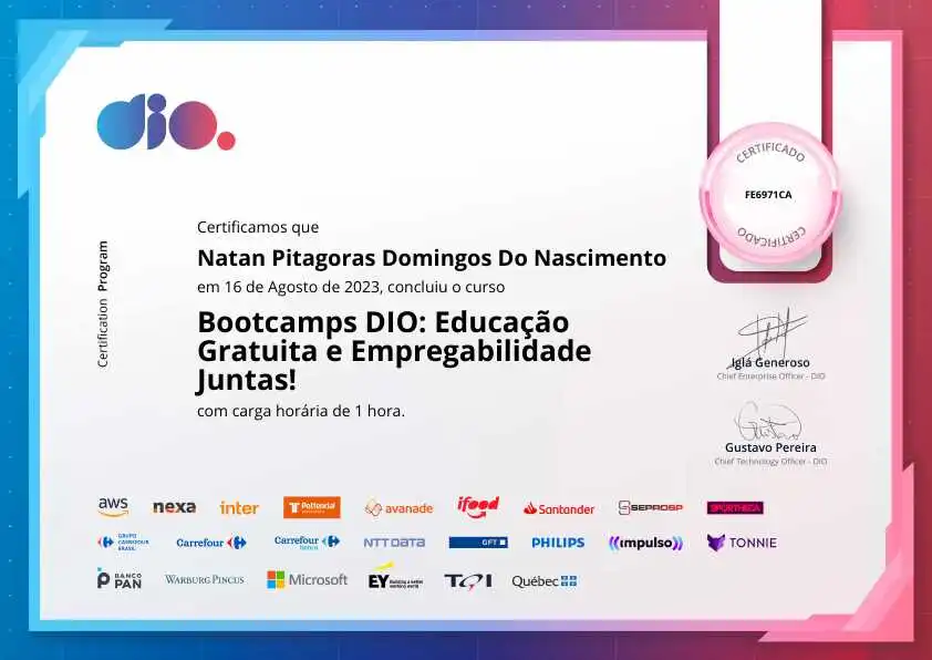 certificate of Bootcamps DIO: Educação Gratuita e Empregabilidade Juntas!