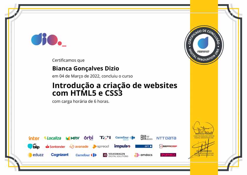 certificate of Introdução a Criação de Websites com HTML5 e CSS3