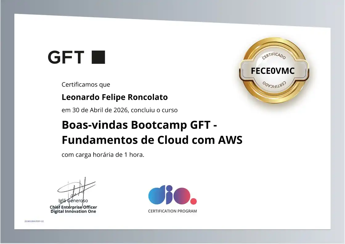 certificate of Boas-vindas Bootcamp GFT - Fundamentos de Cloud com AWS