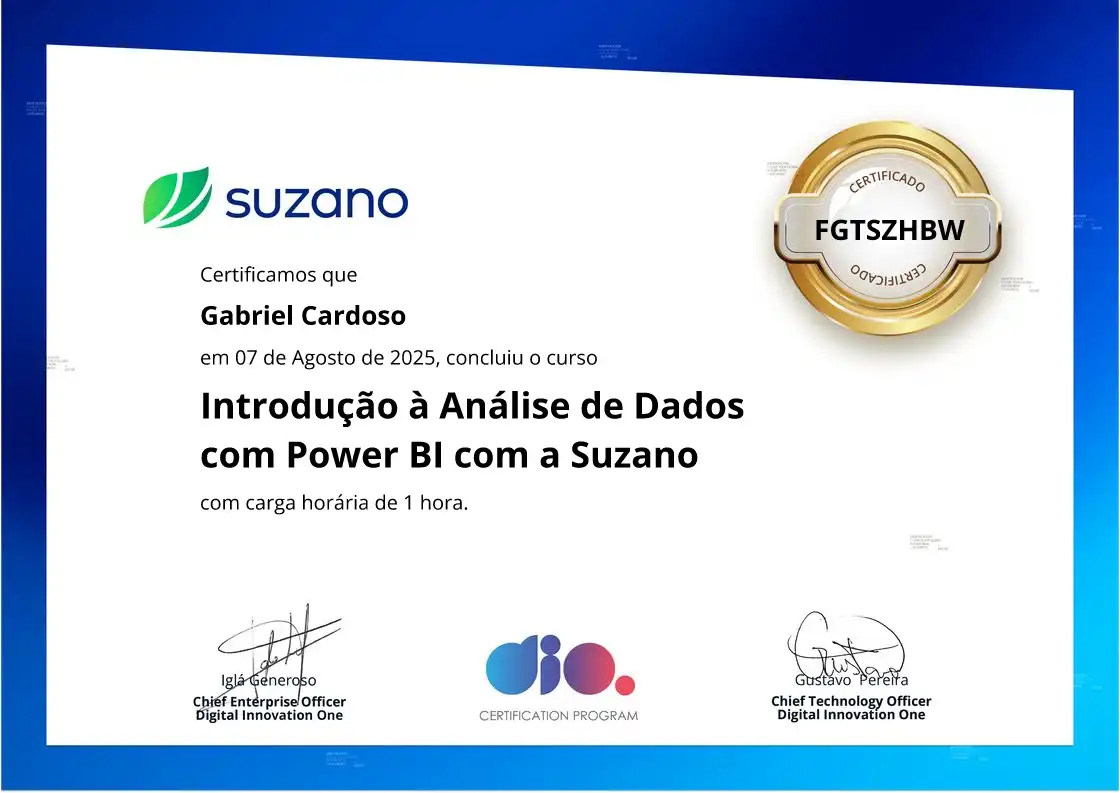 certificate of Introdução à Análise de Dados com Power BI com a Suzano