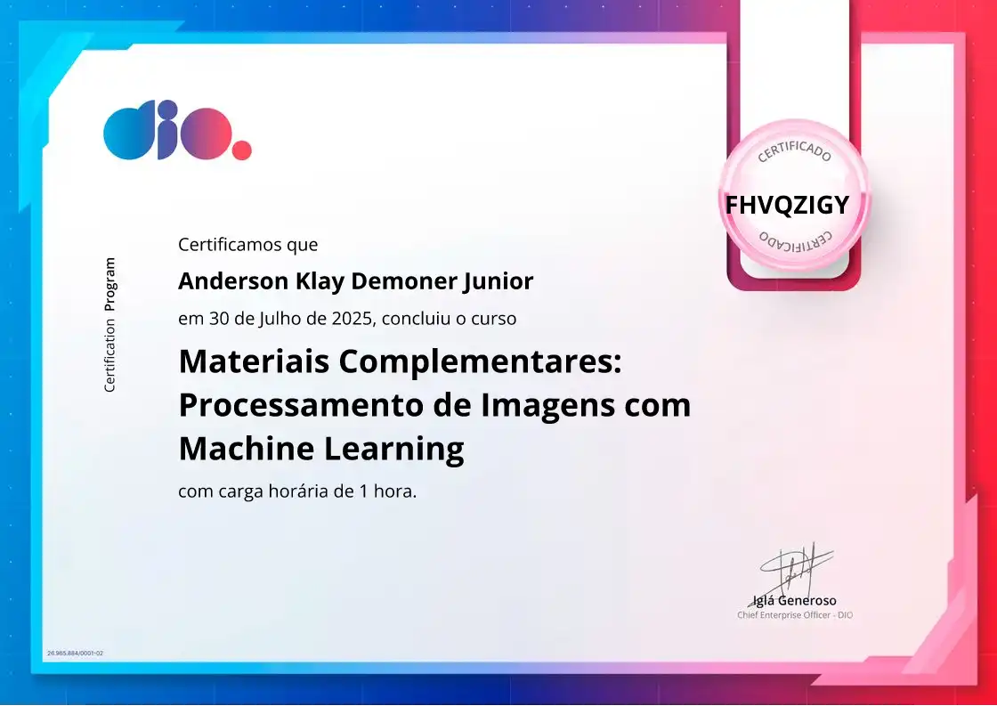 certificate of Materiais Complementares: Processamento de Imagens com Machine Learning