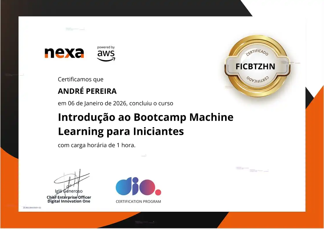 certificate of Introdução ao Bootcamp Machine Learning para Iniciantes