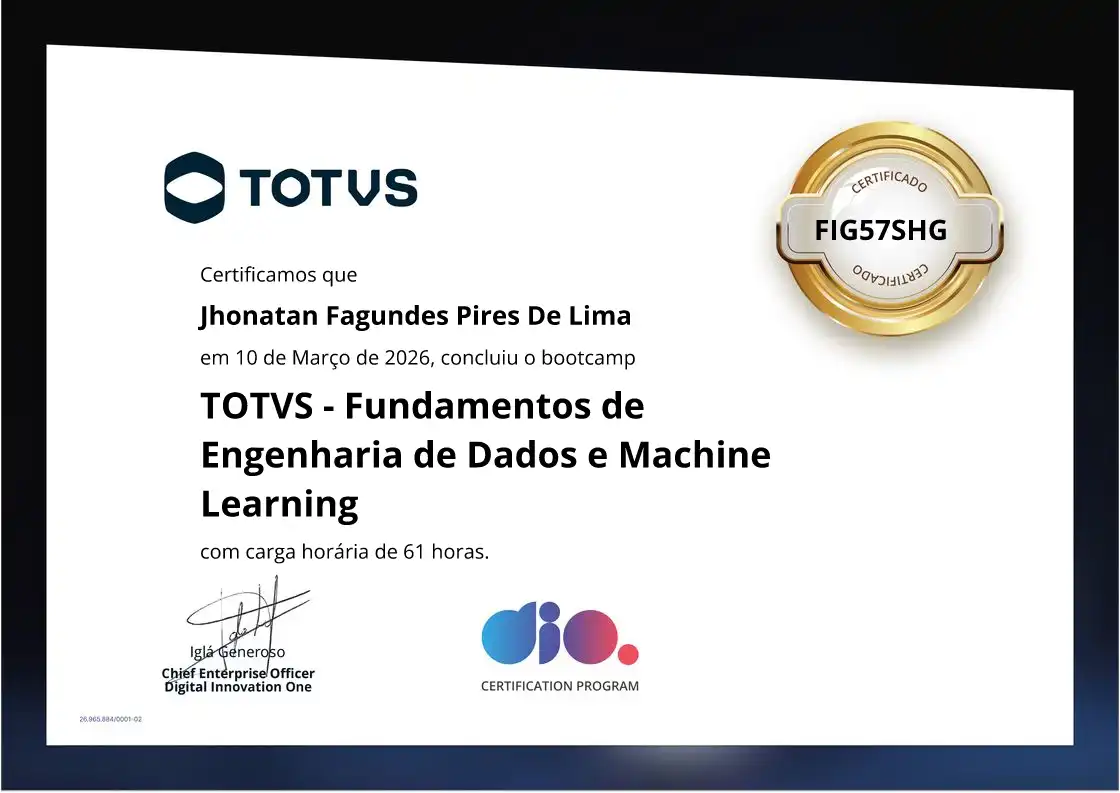 certificate of TOTVS - Fundamentos de Engenharia de Dados e Machine Learning