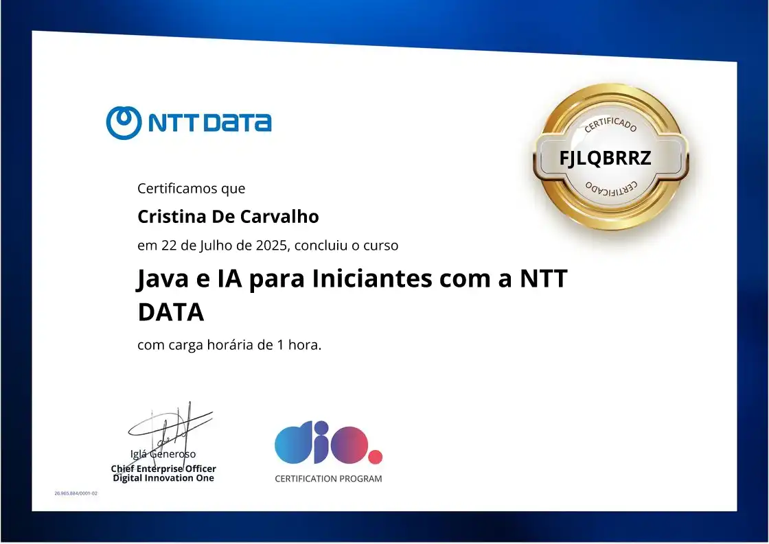 certificate of Java e IA para Iniciantes com a NTT DATA