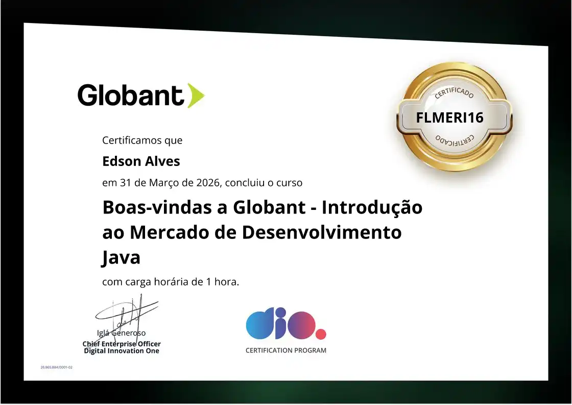 certificate of Boas-vindas a Globant - Introdução ao Mercado de Desenvolvimento Java