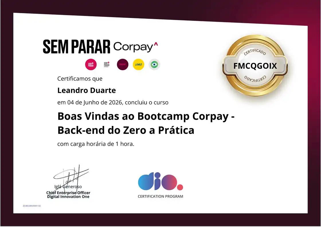 certificate of Boas Vindas ao Bootcamp Corpay - Back-end do Zero a Prática