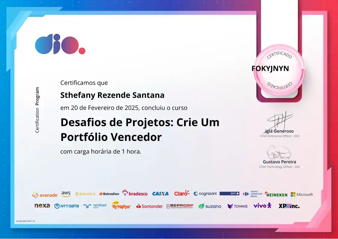 certificate of Desafios de Projetos: Crie Um Portfólio Vencedor