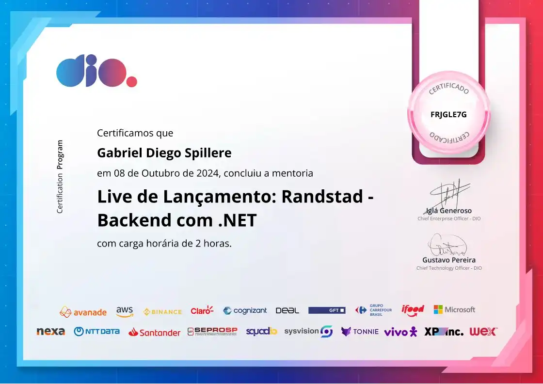 certificate of Live de Lançamento: Randstad - Backend com .NET