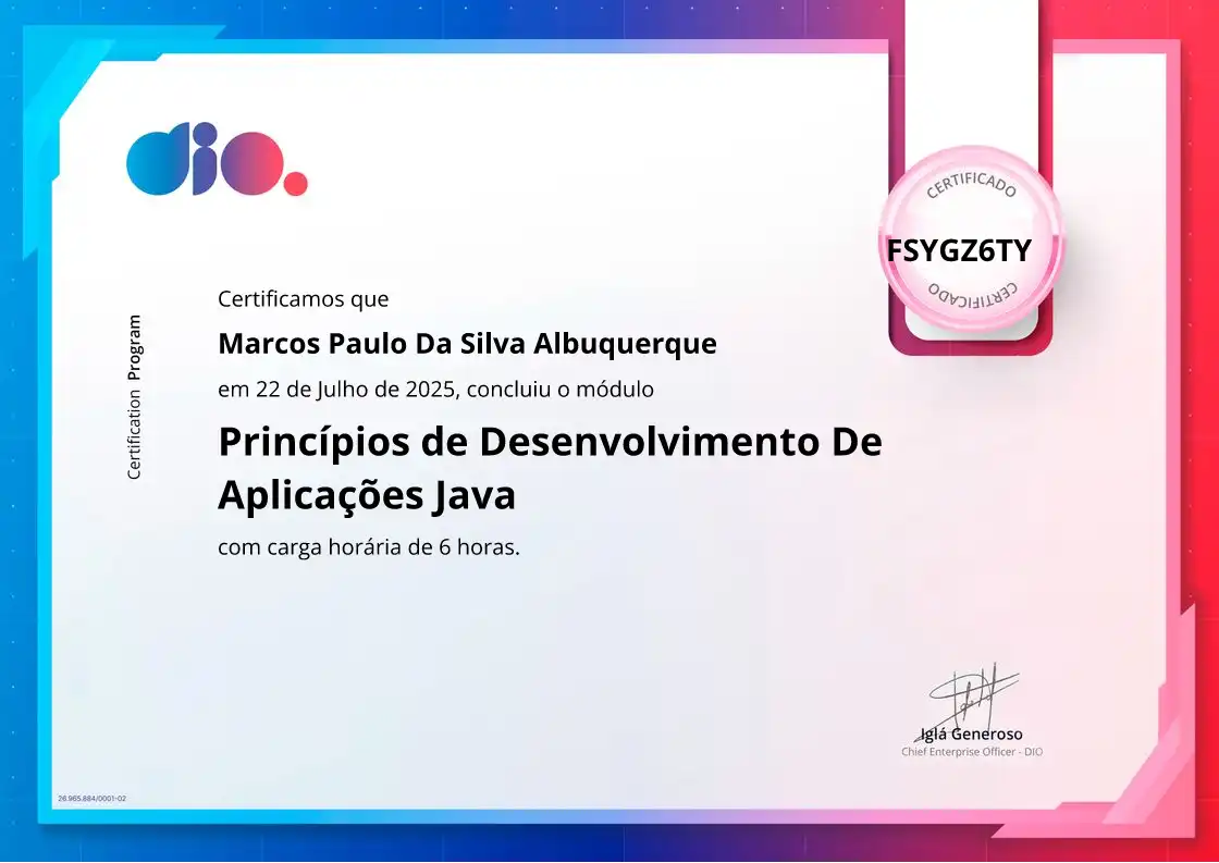 certificate of Princípios de Desenvolvimento De Aplicações Java