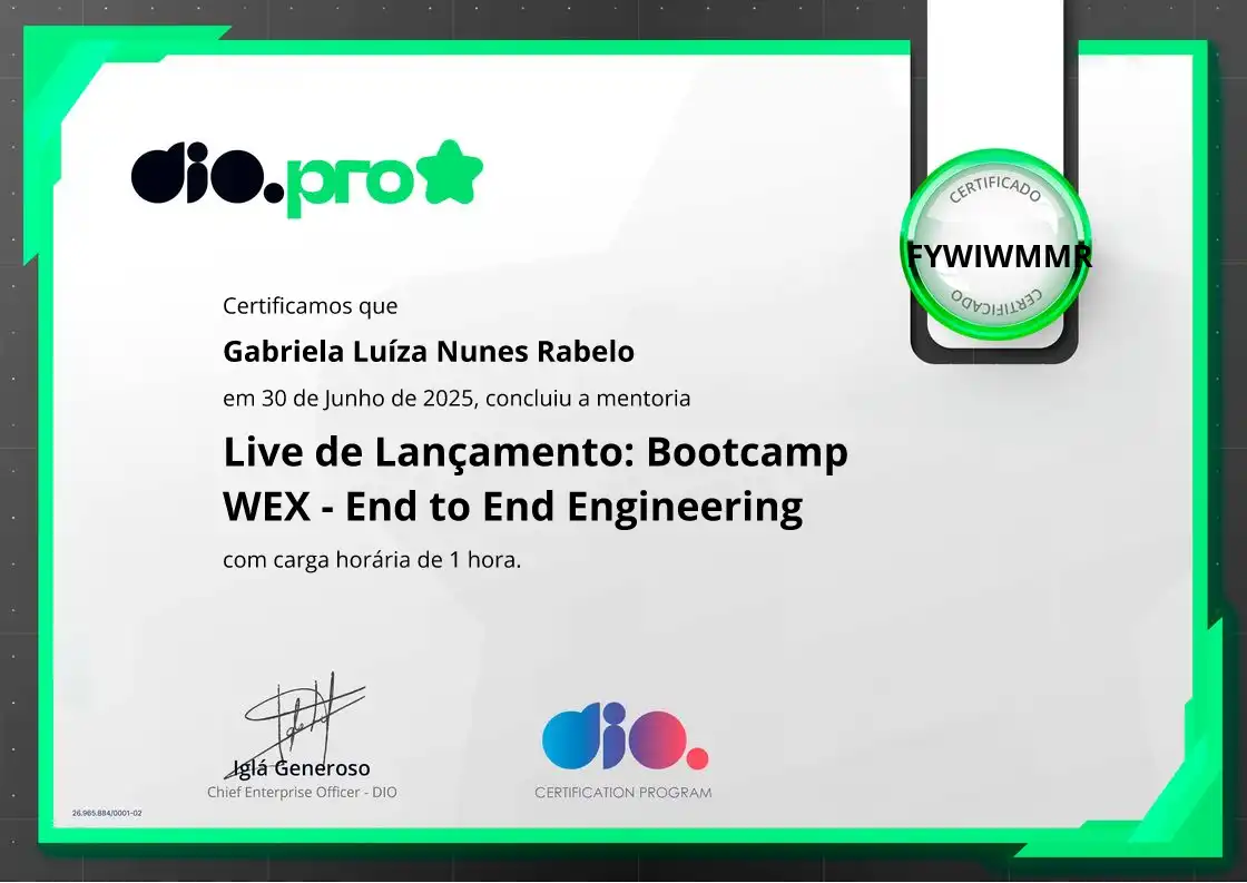 certificate of Live de Lançamento: Bootcamp WEX - End to End Engineering